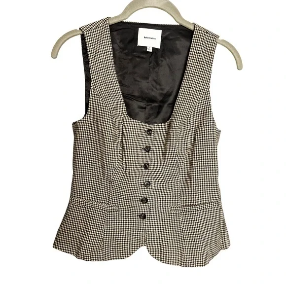 Reformation Delanie Top Size 2 Tan‎ Houndstooth Sleeveless Blouse - Picture 2 of 7